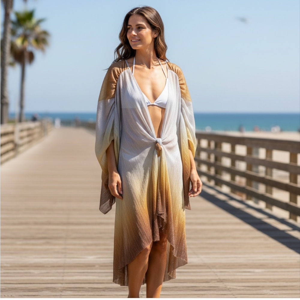 ZARA Oversized Metallic Ombre Maxi Duster Kimono 48” Boho Swim Coverup 2337‎